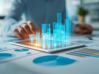 Businessman analyzing rising digital bar graphs and data charts projected from a tablet for financial growth and market trend insights in office setting