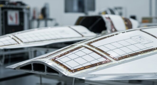 View of freshly bonded thermal shield surfaces on hypersonic glidevehicle sections highlighting aerospace materials technology.