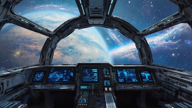 View from a futuristic spaceship cockpit looking out at a vibrant planet and starry expanse
