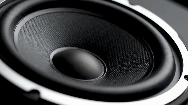 A powerful audio speaker cone vibrating intensely with deep bass sound in a close-up shot.