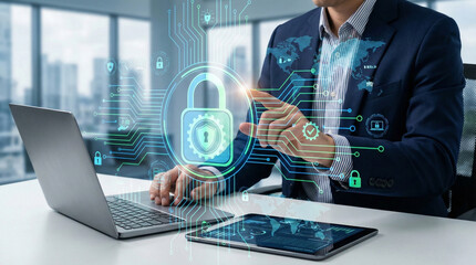 
Cybersecurity and Blockchain Security in Digital Data Protection. Businessman with cybersecurity and blockchain icons, encryption, and decentralized for financial security, privacy, and online safety