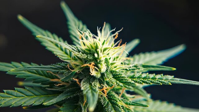 Close-up of cannabis bud covered in trichomes, showcasing detailed texture and vibrant green hues, ideal for botanical or medical themes.