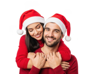 Happy couple wearing red christmas hats and shirts embracing each other isolated on transparent background during holiday season