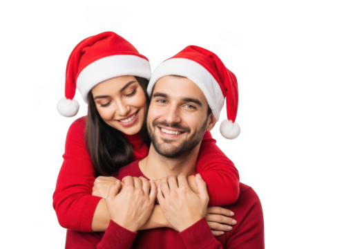 Happy couple wearing red christmas hats and shirts embracing each other isolated on transparent background during holiday season - Powered by Adobe
