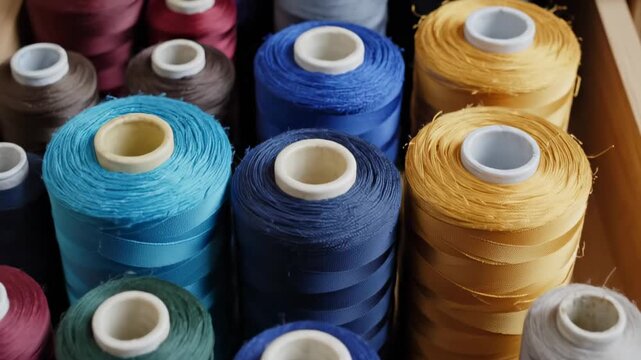 Hand reaches for colorful spools of thread in wooden drawer. Craft room setting with organized supplies. Concept of sewing, crafting, home decor