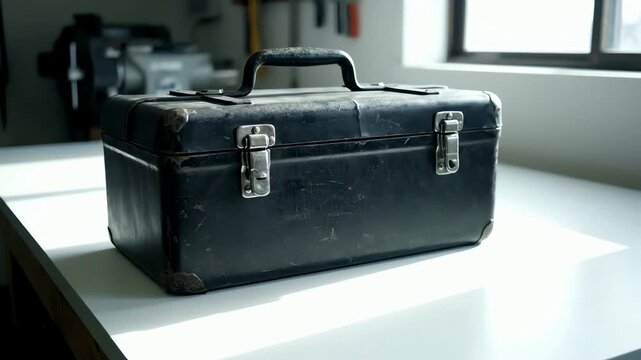 A vintage black toolbox sits on a workbench with heavy analog TV static and glitch effects creating a mysterious and retro atmosphere.
