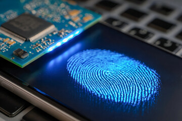Blue glowing fingerprint scan on smartphone screen next to microchip indicating biometric security and advanced electronic technology integration concept