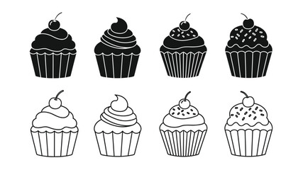 A collection of black and white cupcake illustrations with cherry toppings