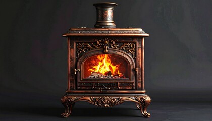 Vintage cast iron wood-burning stove—ornate carvings, visible fire, glass door, curved legs, dark background.