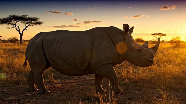 Majestic rhinoceros standing in the golden light of an African savanna sunset