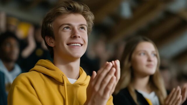 Smiling faces reacting in unison to a goal &mdash; emotional storytelling of belonging and equality in fandom. cinematic color correction, natural uneven lighting yet gentle backlight, soft rich