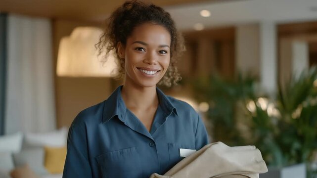 Smiling cleaning specialist entering a cozy apartment holding eco-friendly detergents and microfiber tools &mdash; friendly and approachable image showcasing professionalism and customer-oriented service