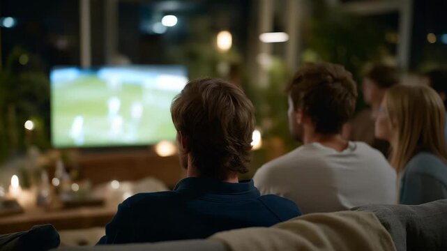 Sports fans gathered in a cozy living room illuminated only by the flickering TV glow, eyes fixed on the screen in tense silence &mdash; the air filled with anticipation, shared emotion, and the