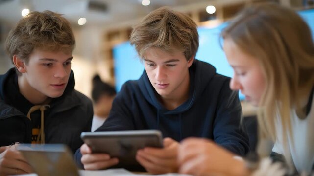 Students and teacher co-create lessons using augmented reality visuals and collaborative apps, symbolizing inclusivity, engagement, and the empowerment of young minds through technology-enhanced