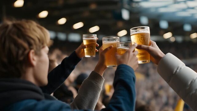 Wide shot of mixed fans raising glasses together after a key goal &mdash; raw celebration of unity, diversity, and small-town camaraderie brought to life through sports passion. cinematic color