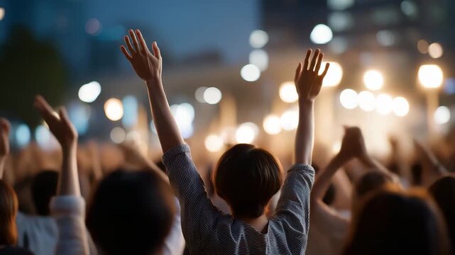 Wide shot showing silhouettes of people cheering in soft city light &mdash; beautiful fusion of tradition, technology, and togetherness in modern fandom. cinematic color correction, natural uneven