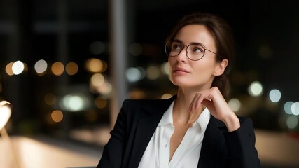 Female business director sitting alone late at night in a sleek glass office, city lights reflecting off her glasses as she contemplates a difficult leadership decision — concept of female