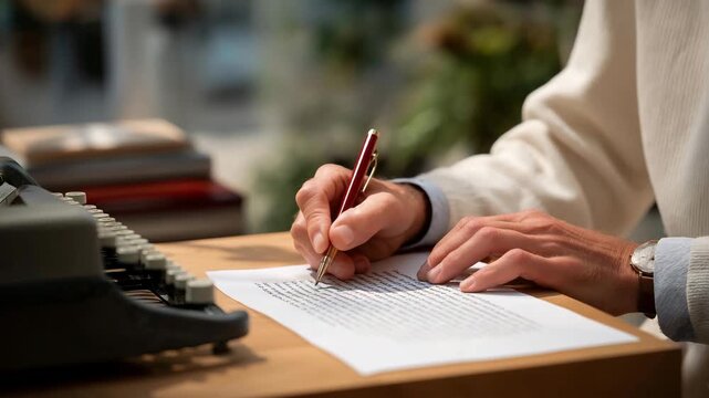 Close-up of the writer&rsquo;s hands holding a red editing pen over a stack of typewritten pages, with the typewriter still warm nearby &mdash; a detailed, tactile moment symbolizing craftsmanship, the editing