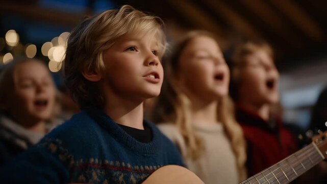 Group of children at a shelter singing Christmas carols while volunteers accompany them with guitars &mdash; an emotional and heartwarming celebration of unity, music, and shared happiness despite life&rsquo;s