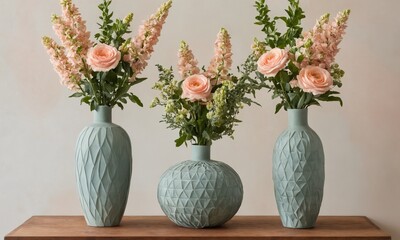 Obraz premium Three soft pink bouquets featuring roses and stock flowers in textured sage green ceramic vases on a wooden table.
