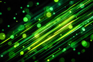 Dynamic glowing vibrant green and yellow diagonal lines with round bokeh light spots on a dark background creating an energetic futuristic atmosphere