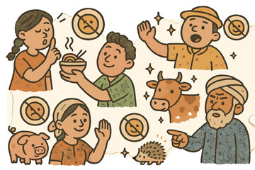 Cheerful Cultural Taboos. Cute doodle cultural taboos illustration with cheerful villagers, cartoon animals with faces, smiling