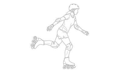 A simple line drawing depicts a child actively roller skating with protective gear on