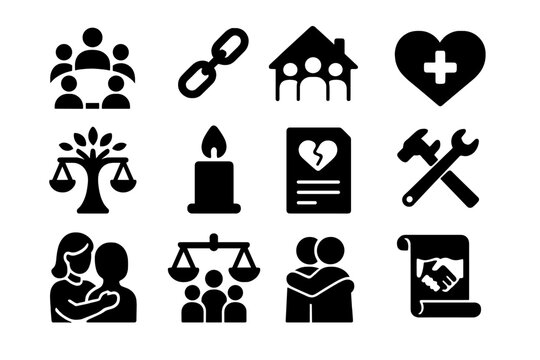 Restorative Justice Icons. Solid style icons of Restorative Justice: circle gathering, broken chain, community house, healing