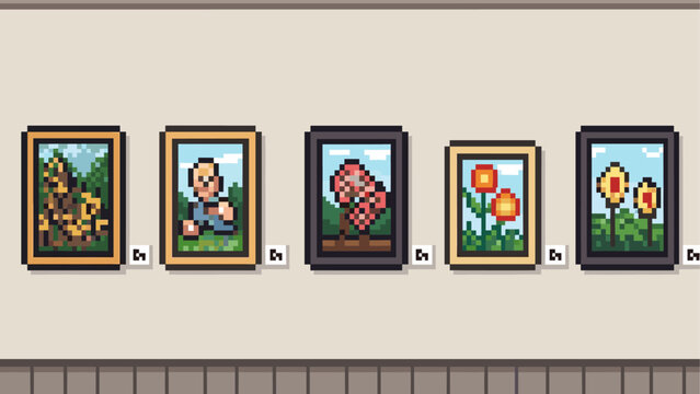 Five pixel art paintings in wooden frames hang in a row at a museum exhibition, showcasing a collection of retro 8-bit style portraits and floral still life artworks