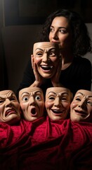 Woman holds a mask, surrounded by varied emotional expressions. She ponders her true identity versus a chosen facade for daily social interactions.