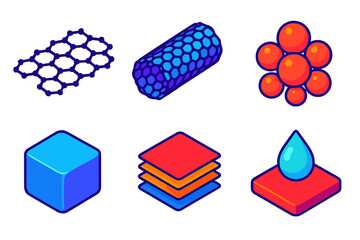Nanomaterials Isometric Icons. Isometric vector illustration set Nanomaterials: graphene sheet, carbon nanotube, nanoparticle