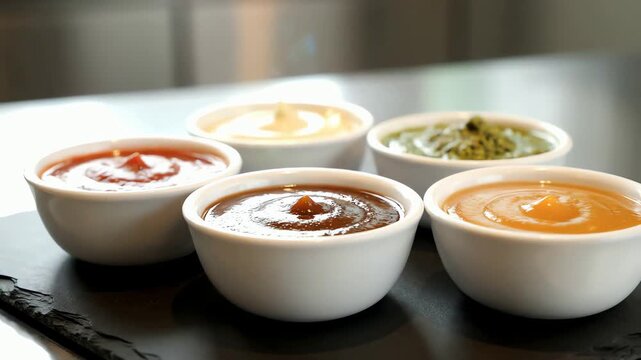 An assortment of colorful gourmet dipping sauces and condiments served in small white ceramic bowls