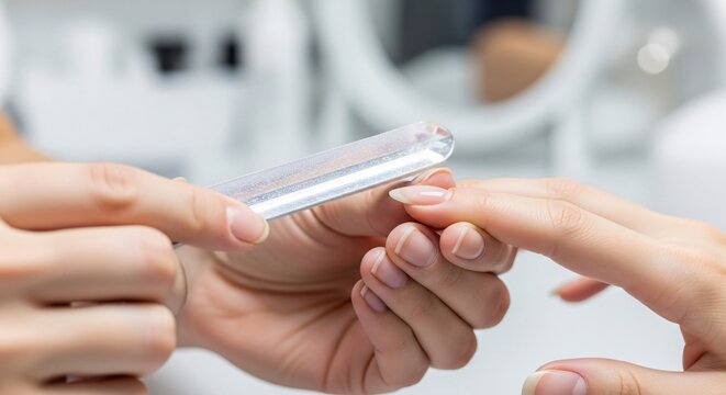 Close up of manicurist hands filing natural nails of female client with glass file. Professional beauty salon procedure for healthy hand care, hygiene, and fingernail shaping service.