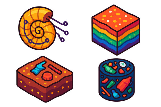 Anthropocene Fossil Indicators. Isometric vector illustration set Anthropocene Fossil Indicators: Future fossil with embedded