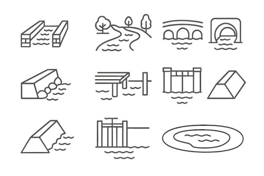 Urban Waterway Icons. Line style icons of urban waterways: canal, riverbank, bridge, culvert; channel wall, dock, lock gate, levee