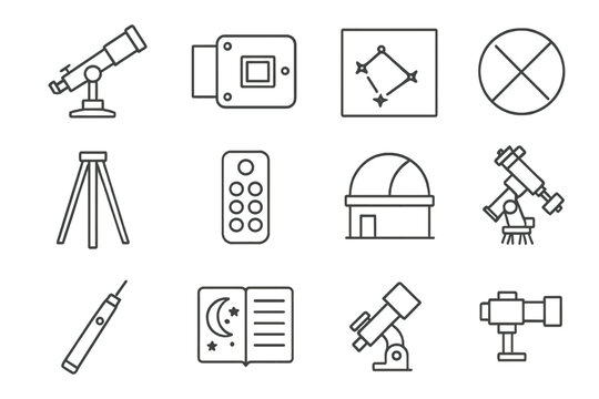 Scientific Observation Icons. Line style icons of scientific observation: telescope mount, CCD camera, star chart, lens cap;