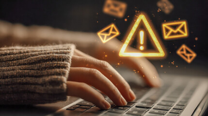 Hands typing on keyboard with glowing warning symbol and floating envelope icons representing email alerts and cybersecurity risks in digital communication