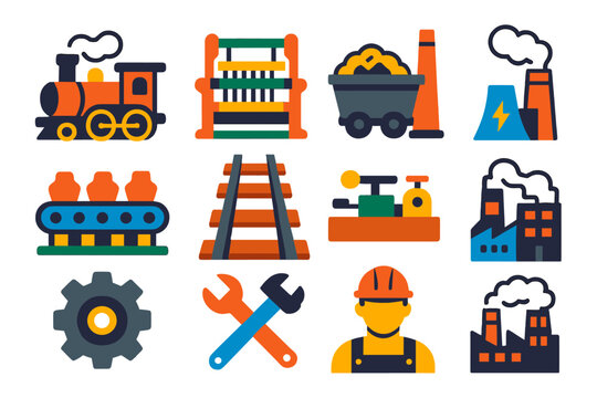 Industrial Revolution Icons. Flat vector icons of industrialization: steam engine, textile loom, coal mine cart, factory chimney,