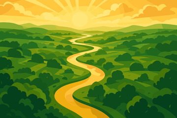 Obraz premium Golden Riverside Panorama. Scenic aerial view vector illustration of a winding river cutting through lush green landscapes,