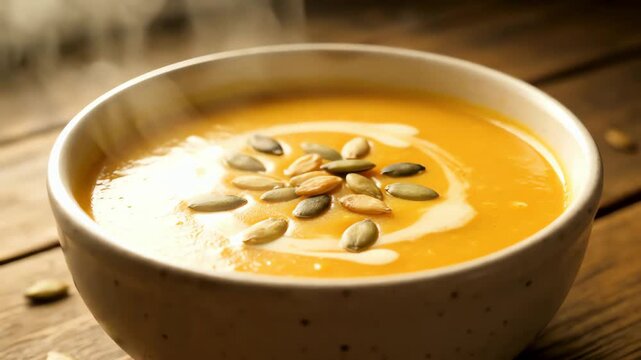 A warm and comforting bowl of creamy pumpkin soup, steaming hot on a rustic wooden table and garnished with cream and seeds.