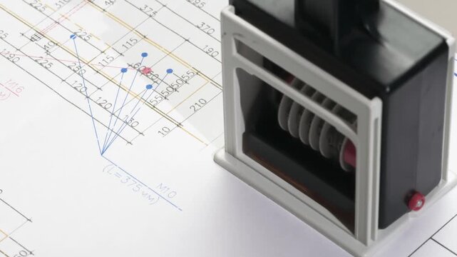 Construction Drawing Approval. A stamp is placed on the design drawing and leaves an ink imprint symbolizing compliance with standards and building permission