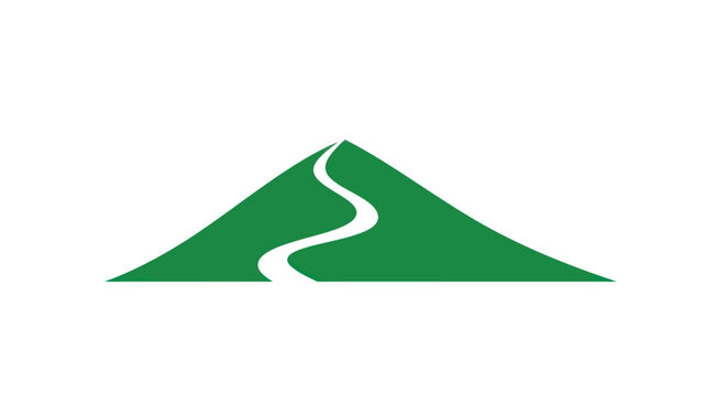 Green mountain symbol with winding path vector graphic for concepts