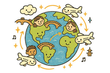 Global Cartoon Doodle Map. Magical doodle global connections map with smiling characters, cartoon bridges and planes with faces,