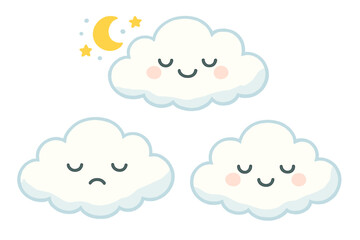 Sleep Stages Clouds. Stages of sleep illustrated as floating clouds, each with happy faces showing REM dreams, deep rest, and