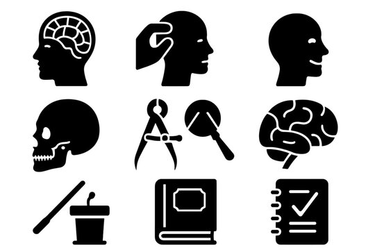 Phrenology Icon Set. Solid style icons of Phrenology: porcelain head map, bump reading, character trait, 19th century science,