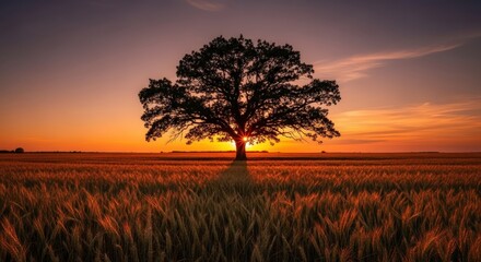 Fototapeta premium Lone tree at sunset in golden field