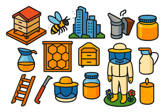 Urban Beekeeping Icons. Isometric vector illustration set Urban Beekeeping: rooftop hive box, buzzing bee, smoker can, urban