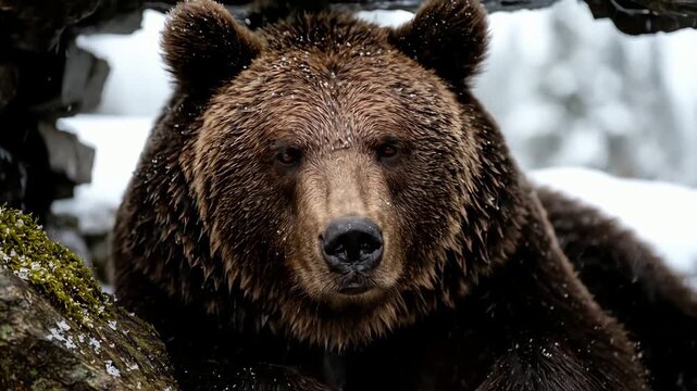 A majestic brown grizzly bear looks up at the camera while resting in a snowy stone den during winter.