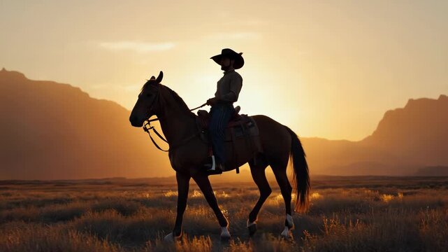 A solitary cowboy riding horseback across a vast landscape during a fiery sunset