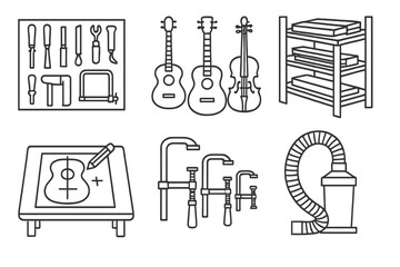 Obraz premium Luthier Workshop Tools. Line style icons of Luthier Workshop: wall of tools, hanging instruments, wood rack, blueprint on table,